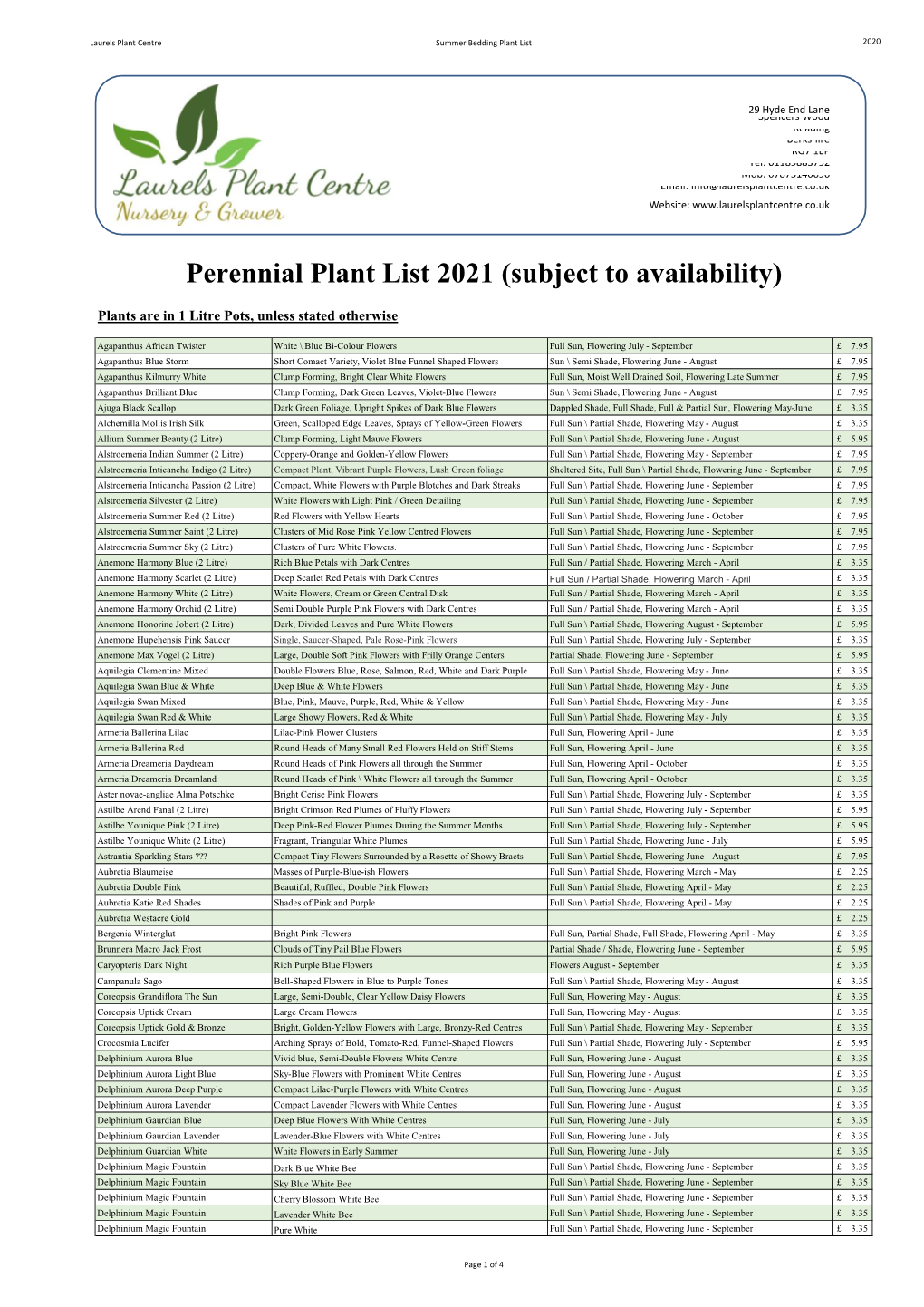 Perennial Plant List 2021 (Subject to Availability)