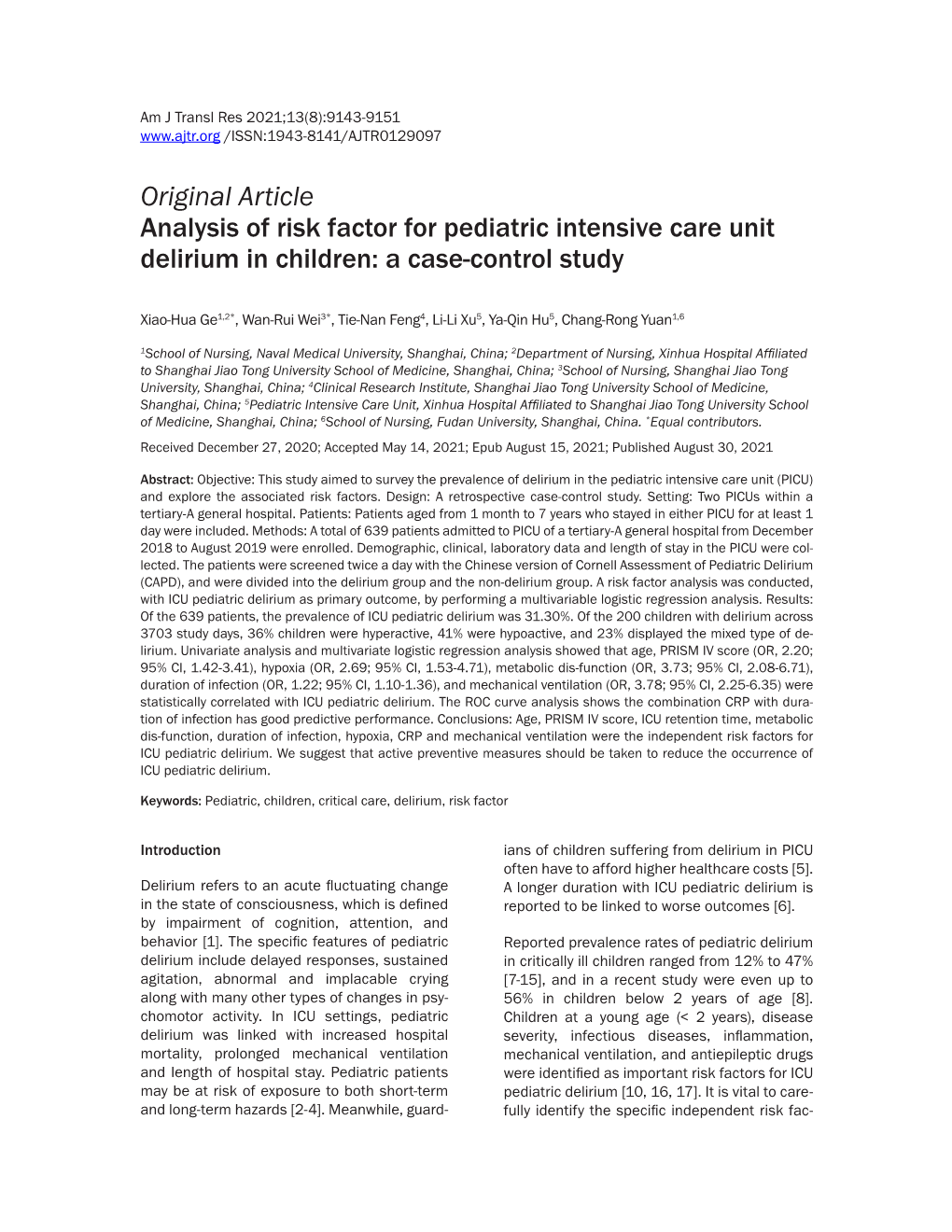 Original Article Analysis of Risk Factor for Pediatric Intensive Care Unit Delirium in Children: a Case-Control Study