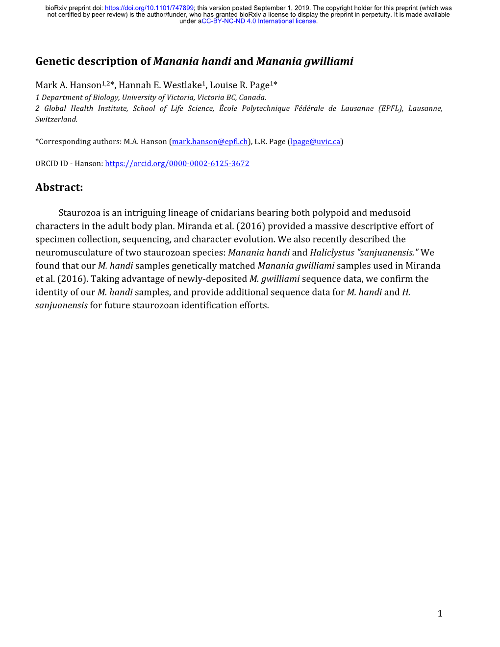 Genetic Description of Manania Handi and Manania Gwilliami