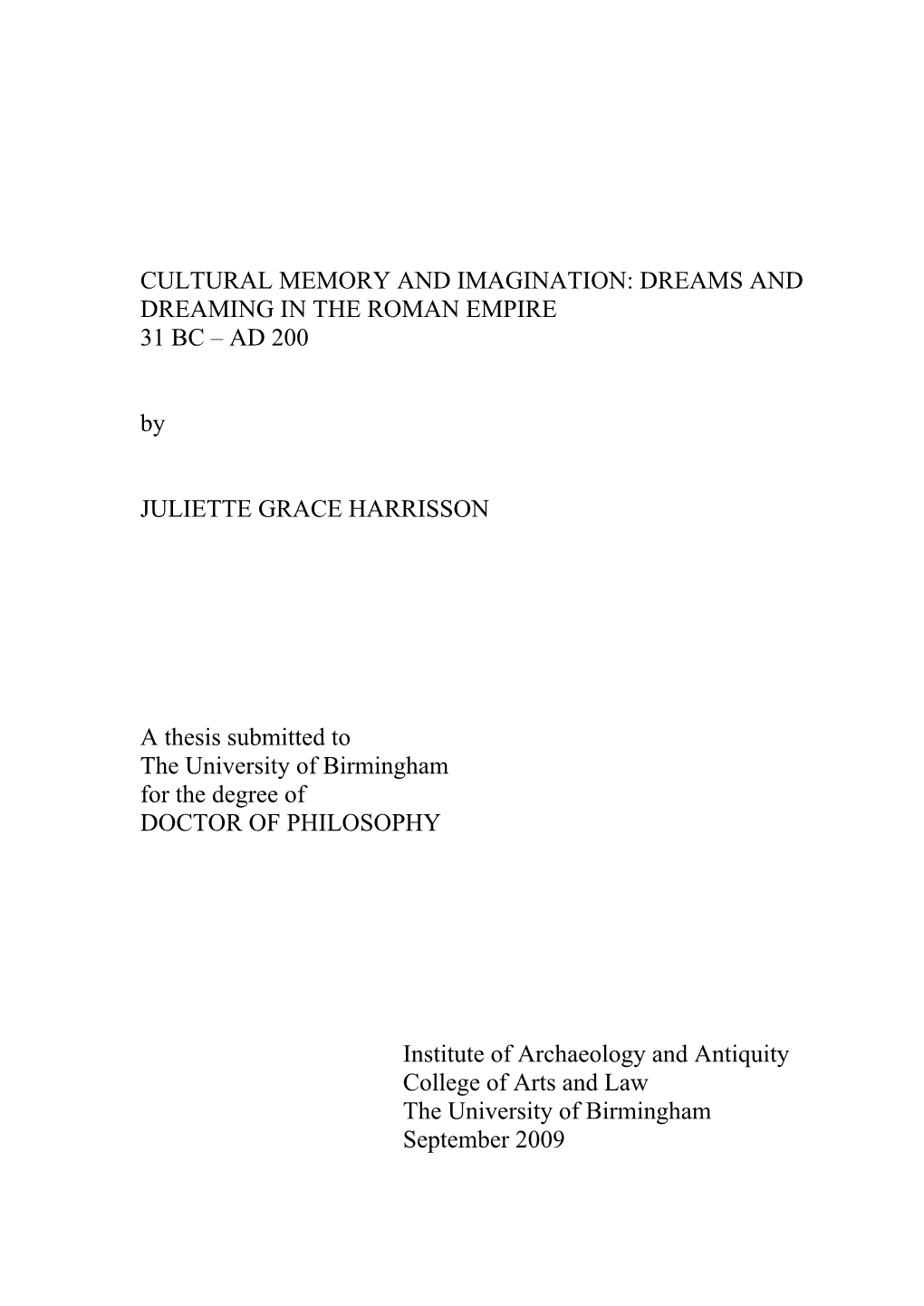 Cultural Memory and Imagination: Dreams and Dreaming in the Roman Empire 31 Bc – Ad 200