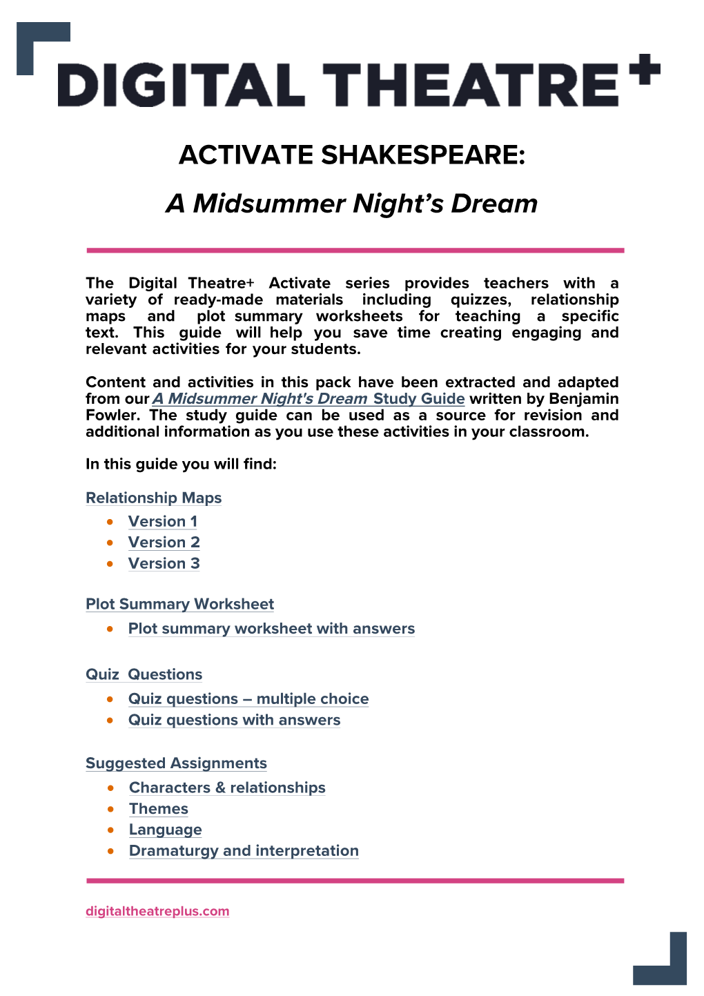 ACTIVATE SHAKESPEARE: a Midsummer Night’S Dream