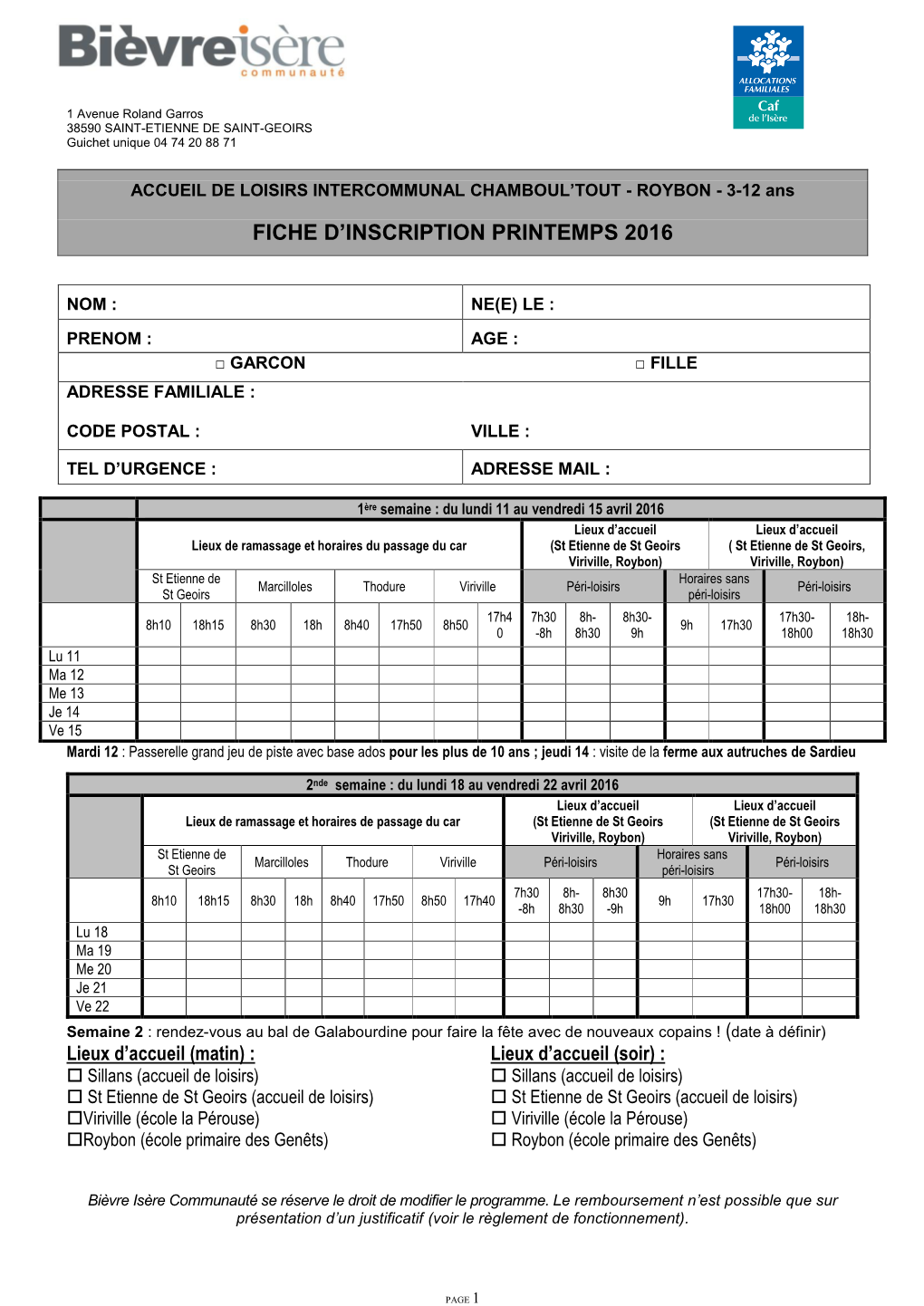 Fiche D'inscription Printemps 2016