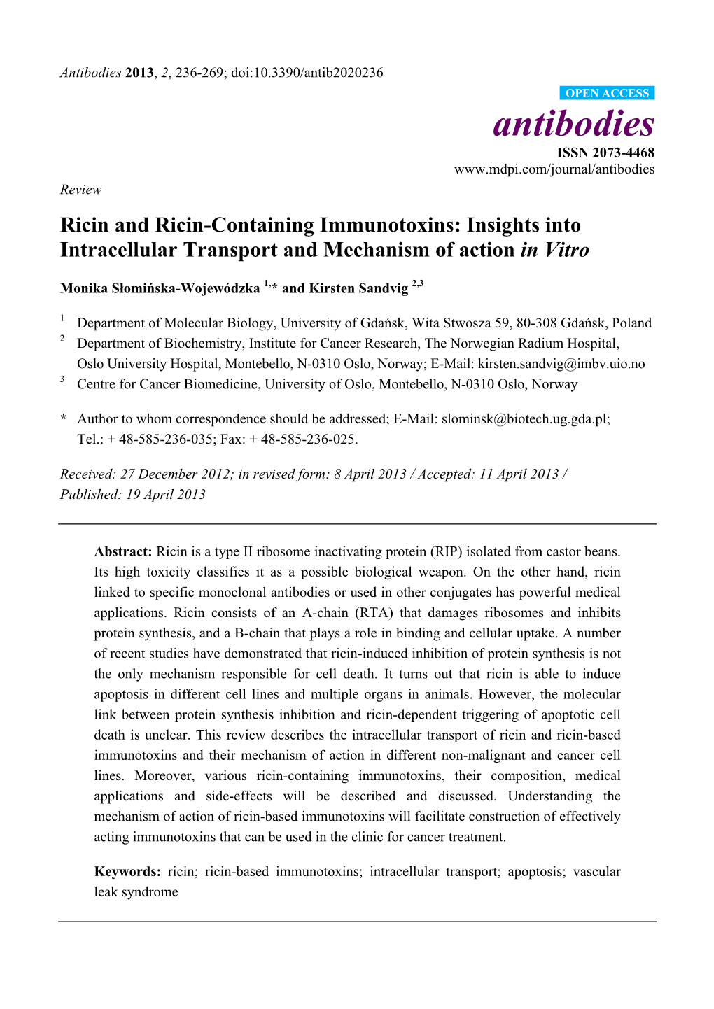 Ricin and Ricin-Containing Immunotoxins: Insights Into Intracellular Transport and Mechanism of Action in Vitro