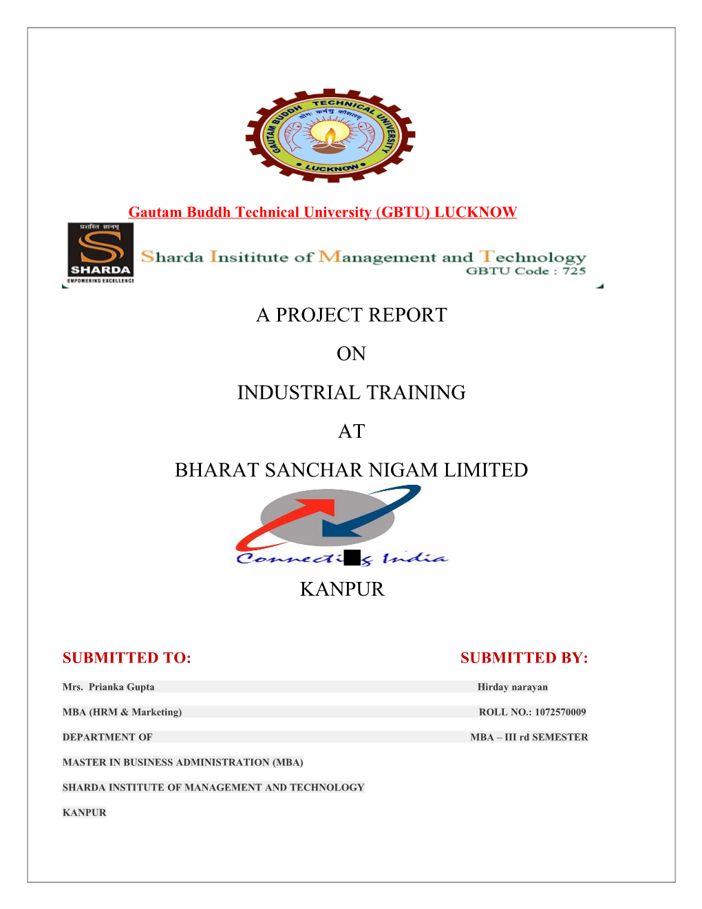 A Project Report on Industrial Training at Bharat Sanchar Nigam Limited