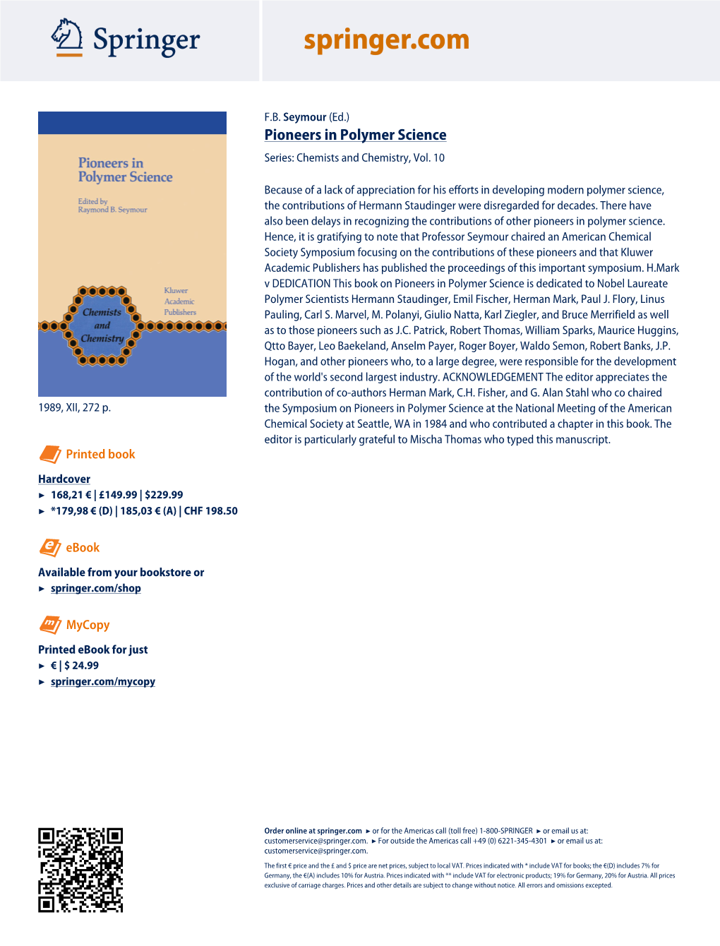 Pioneers in Polymer Science Series: Chemists and Chemistry, Vol