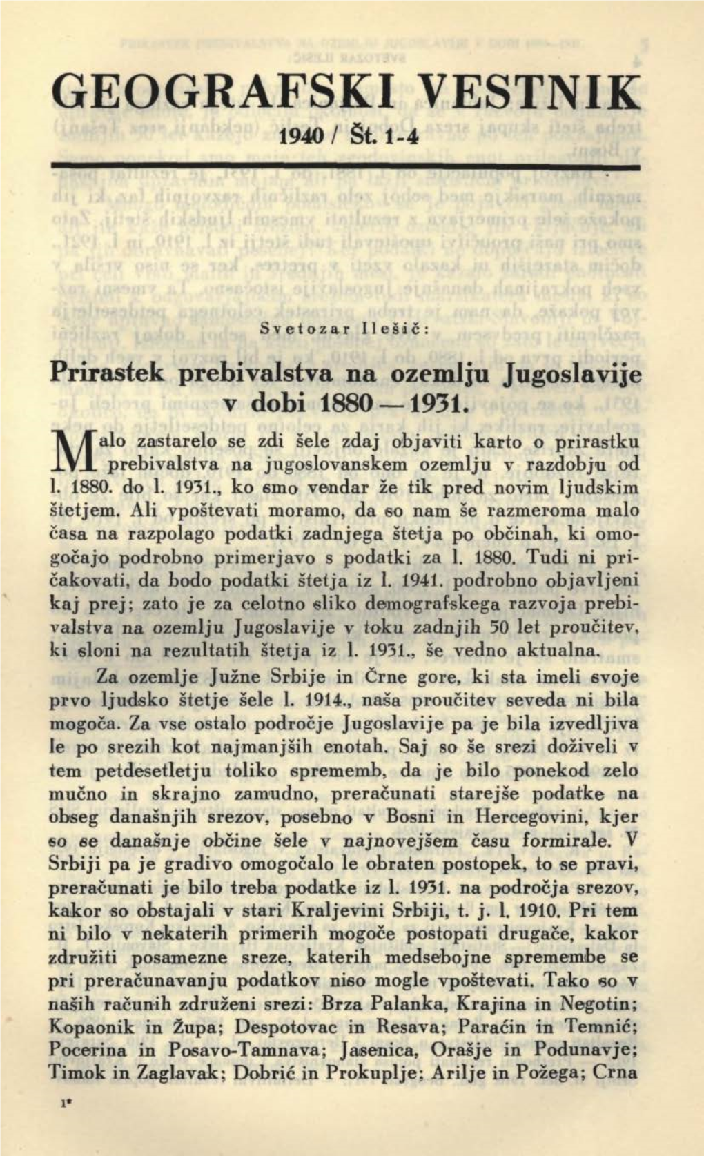 GEOGRAFSKI VESTNIK 1940/ Št