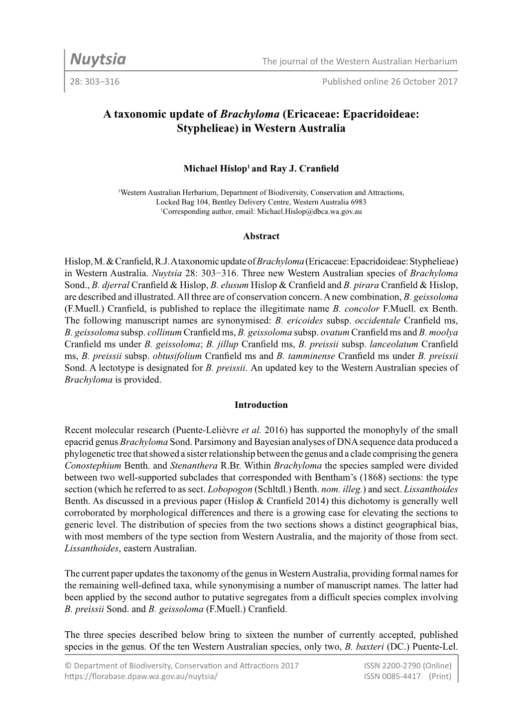 Nuytsia the Journal of the Western Australian Herbarium 28: 303–316 Published Online 26 October 2017