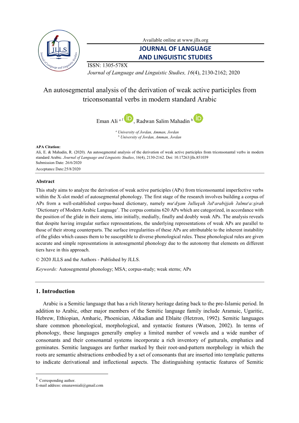 An Autosegmental Analysis of the Derivation of Weak Active Participles from Triconsonantal Verbs in Modern Standard Arabic