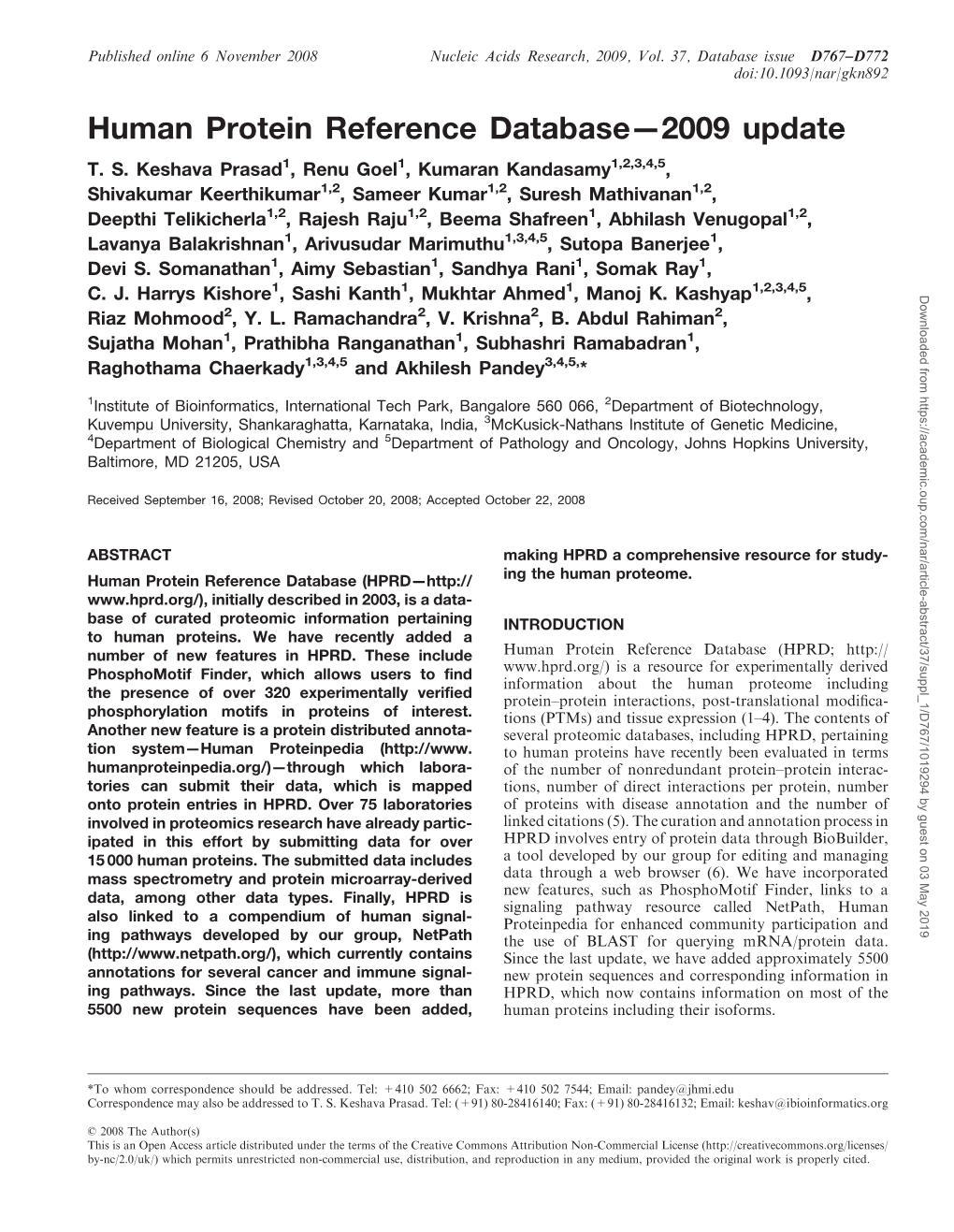 Human Protein Reference Database—2009 Update T