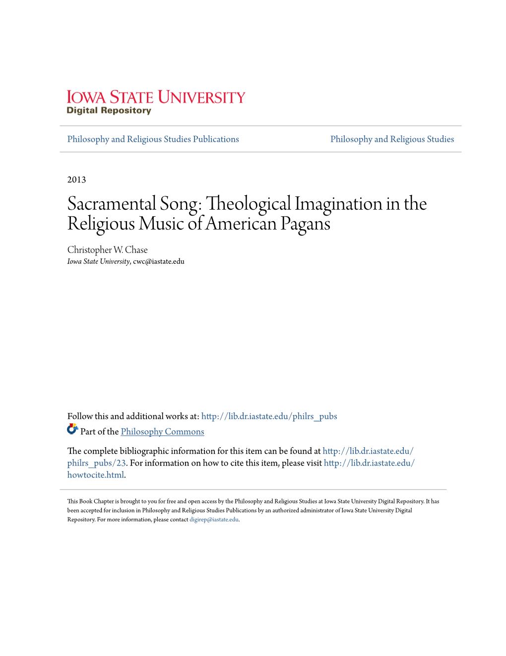 Sacramental Song: Theological Imagination in the Religious Music of American Pagans Christopher W