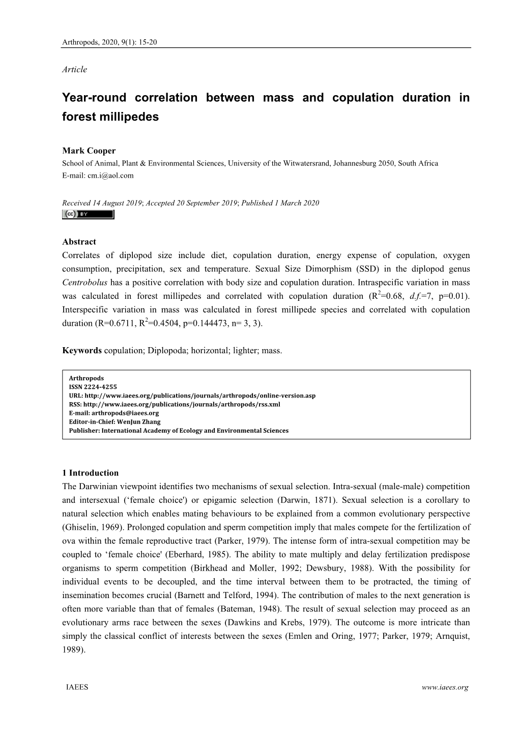 Year-Round Correlation Between Mass and Copulation Duration in Forest Millipedes