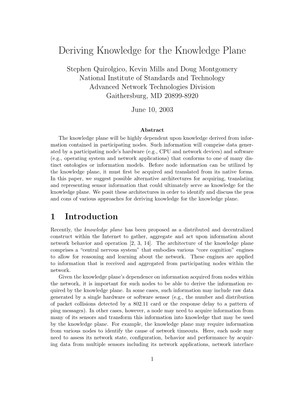 Deriving Knowledge for the Knowledge Plane