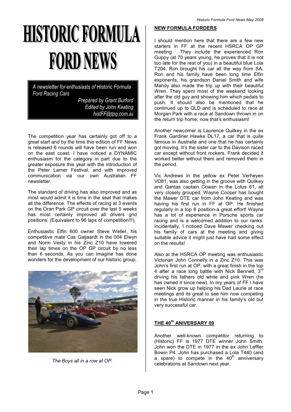 A Newsletter for Enthusiasts of Historic Formula Ford Racing Cars