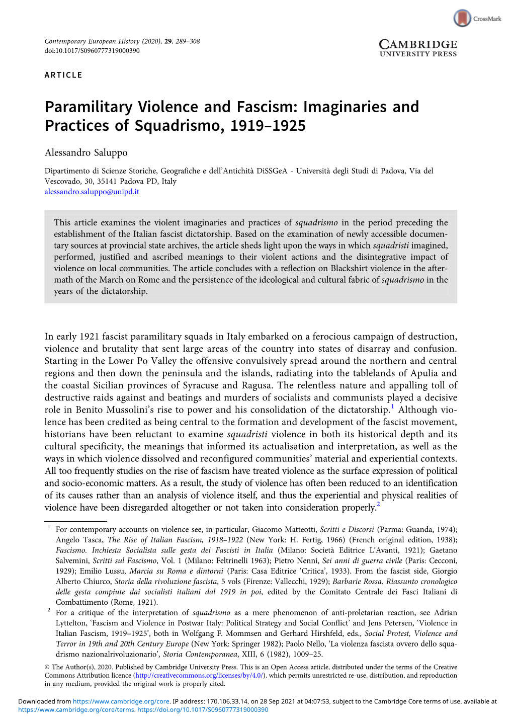 Paramilitary Violence and Fascism: Imaginaries and Practices of Squadrismo, 1919–1925
