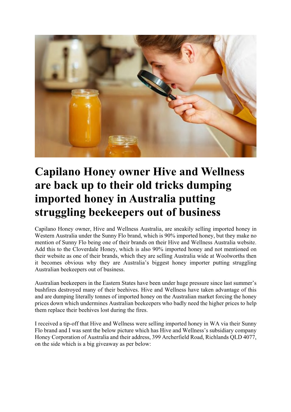 Capilano Honey Owner Hive and Wellness Are Back up to Their Old Tricks Dumping Imported Honey in Australia Putting Struggling Beekeepers out of Business