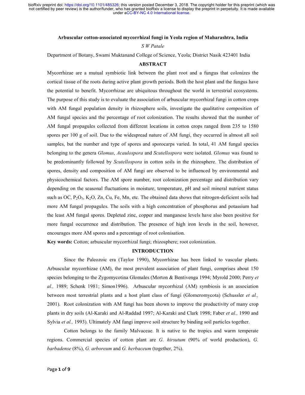 Arbuscular Cotton-Associated Mycorrhizal Fungi in Yeola Region Of