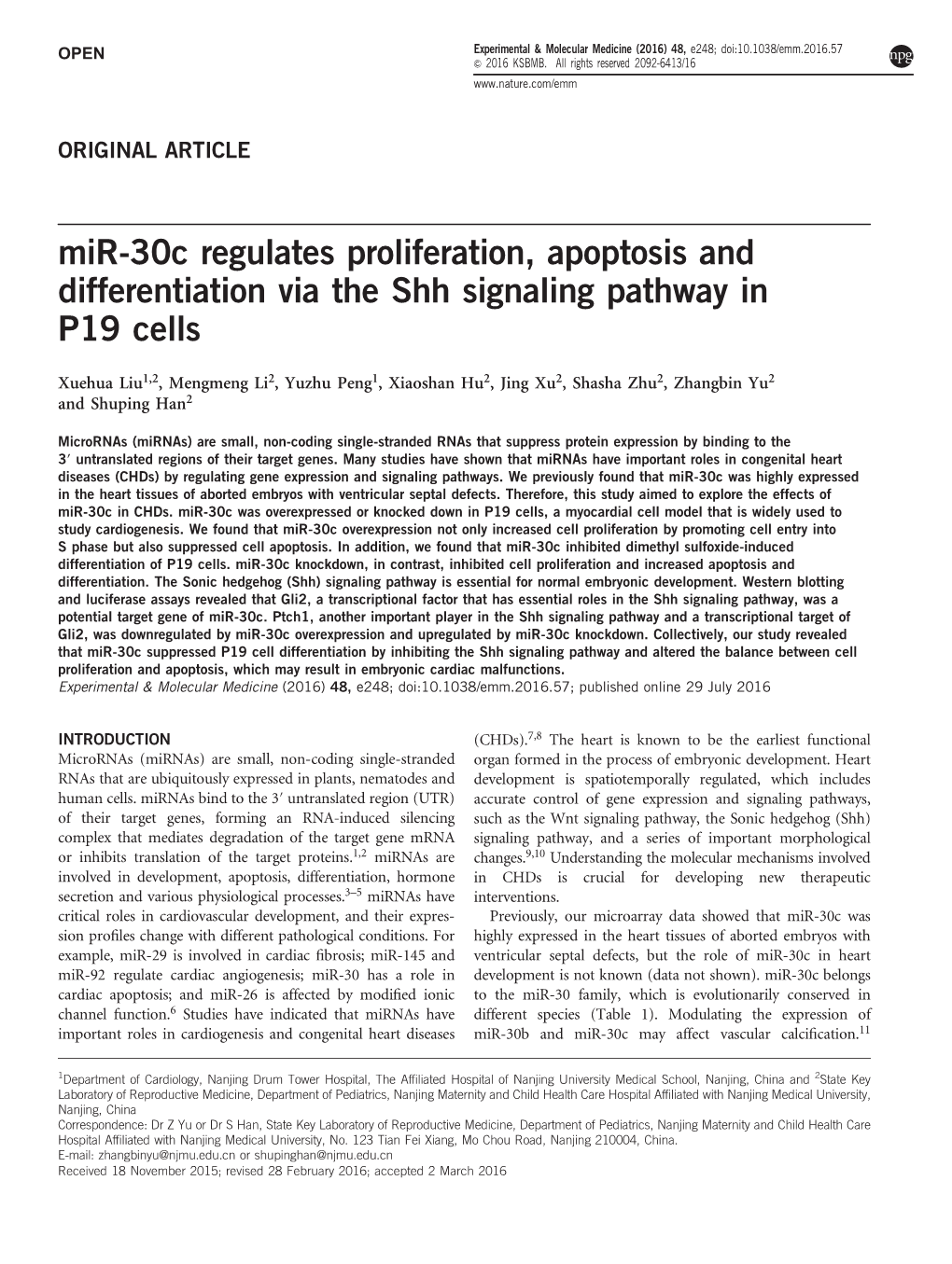 Mir-30C Regulates Proliferation, Apoptosis and Differentiation Via the Shh Signaling Pathway in P19 Cells