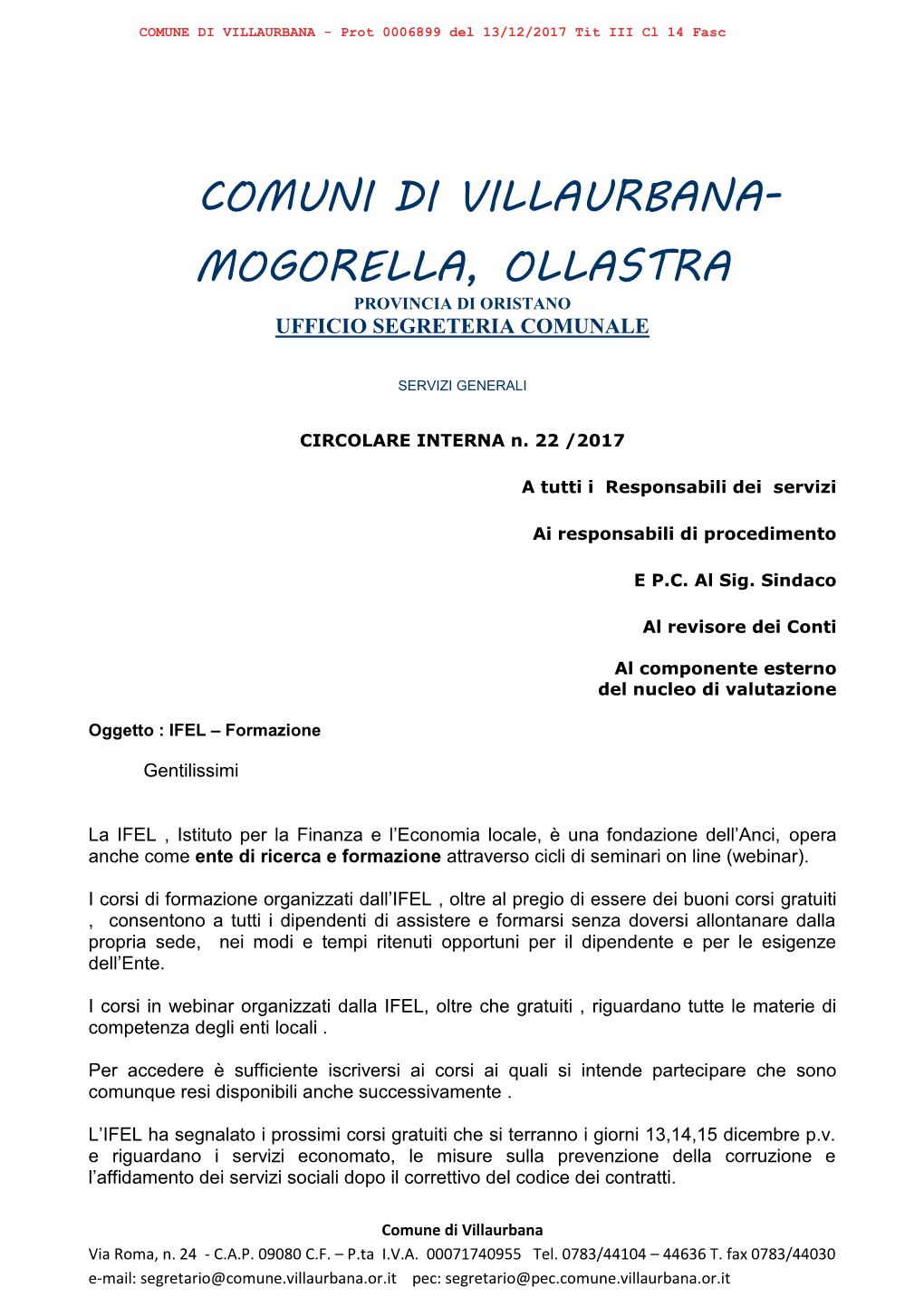 Mogorella, Ollastra Provincia Di Oristano Ufficio Segreteria Comunale