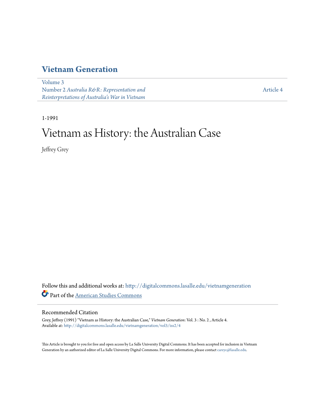 Vietnam As History: the Australian Case Jeffrey Grey