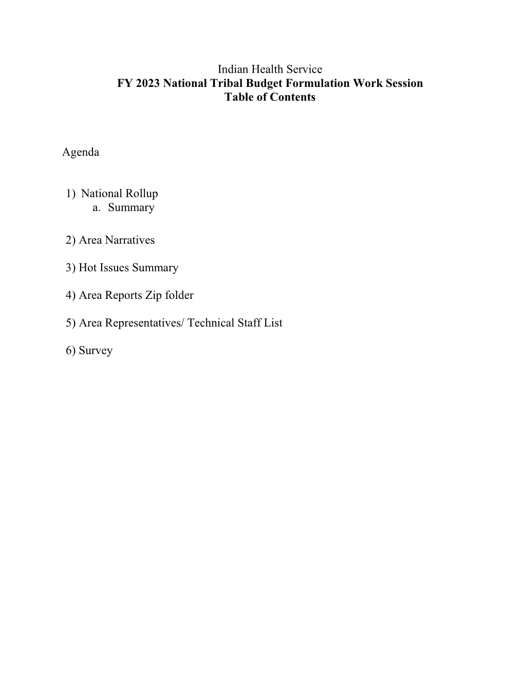 Indian Health Service FY 2023 National Tribal Budget Formulation Work Session Table of Contents Agenda 1) National Rollup A. S