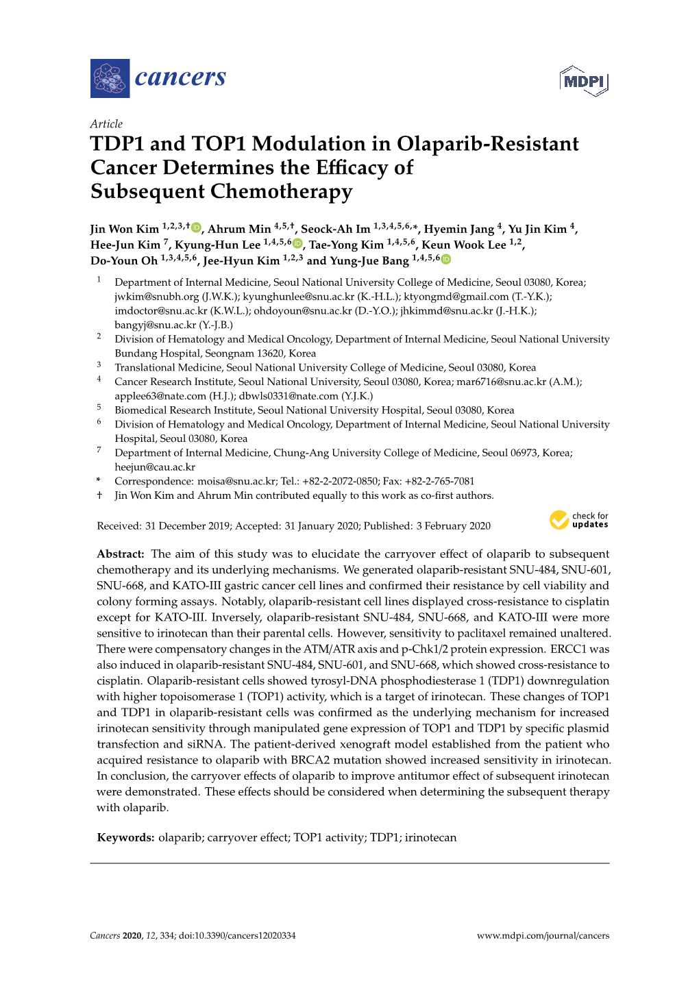 TDP1 and TOP1 Modulation in Olaparib-Resistant Cancer Determines the Eﬃcacy of Subsequent Chemotherapy