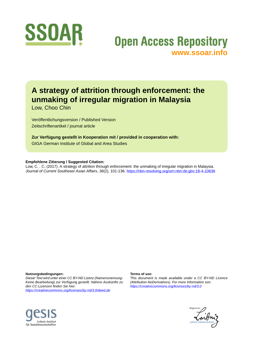 A Strategy of Attrition Through Enforcement: the Unmaking of Irregular Migration in Malaysia Low, Choo Chin