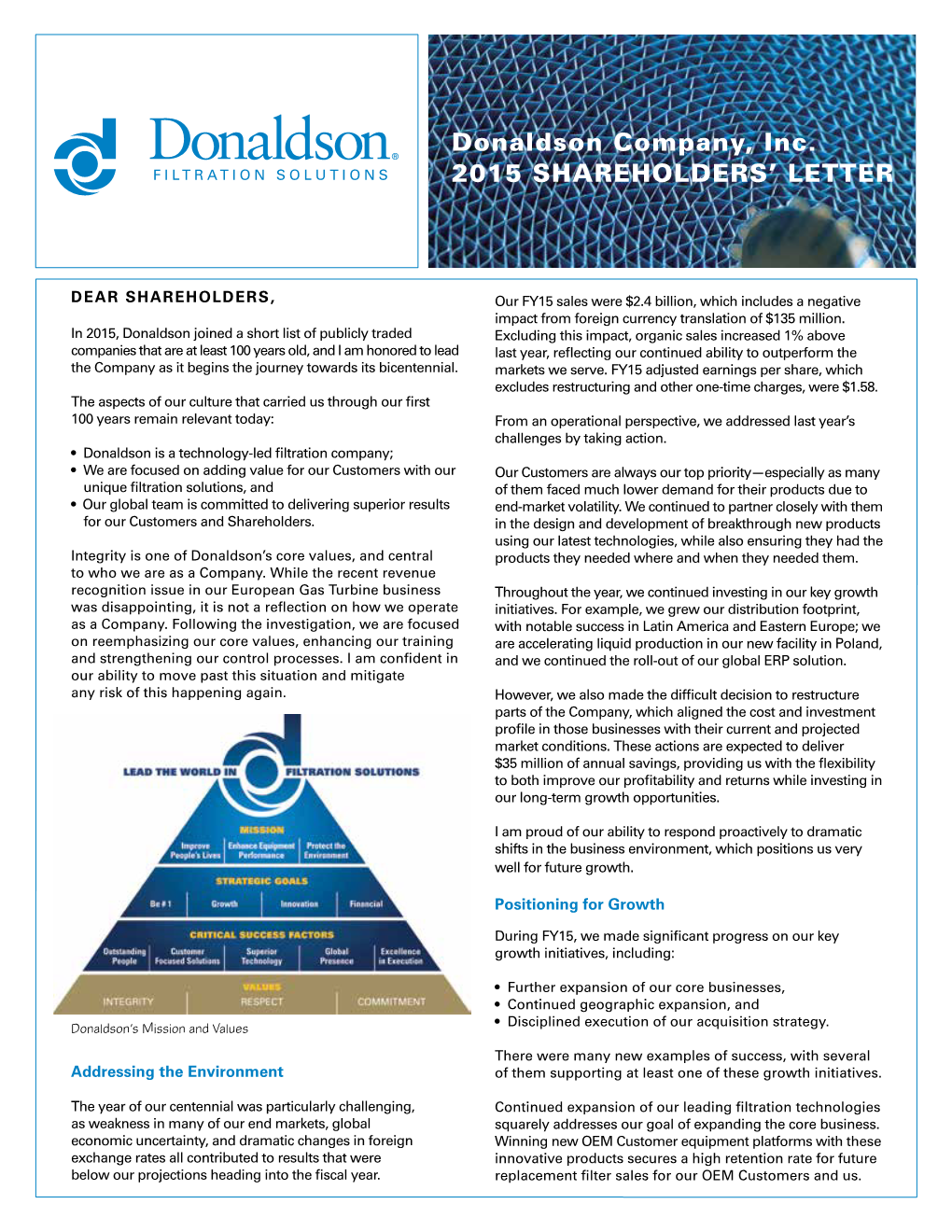 Donaldson Company, Inc. 2015 SHAREHOLDERS' LETTER