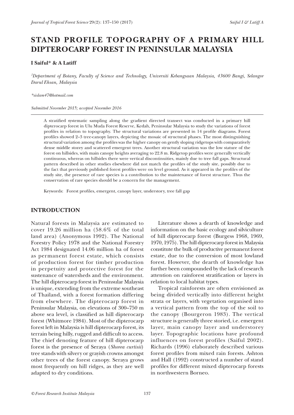 Stand Profile Topography of a Primary Hill Dipterocarp Forest in Peninsular Malaysia