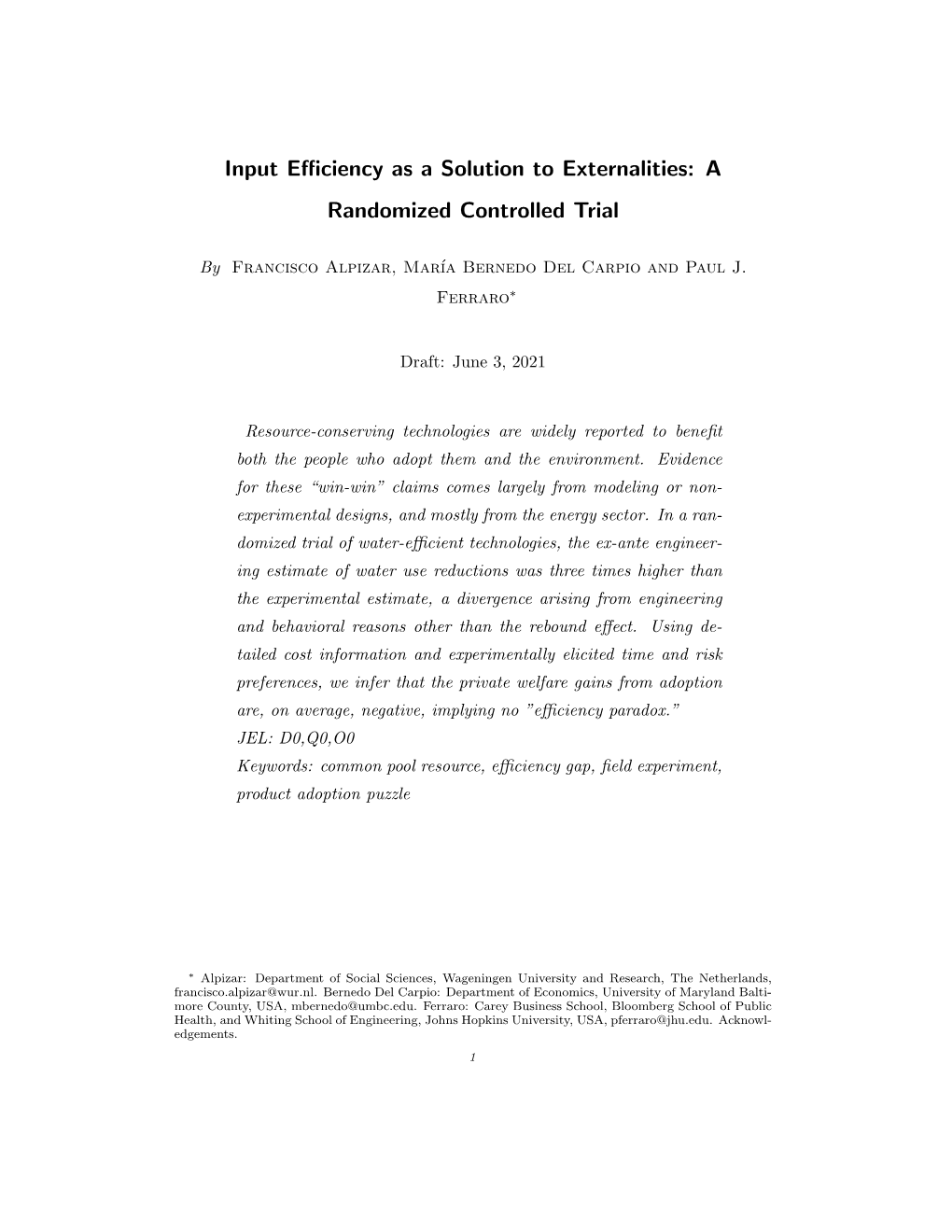 Input Efficiency As a Solution to Externalities: a Randomized