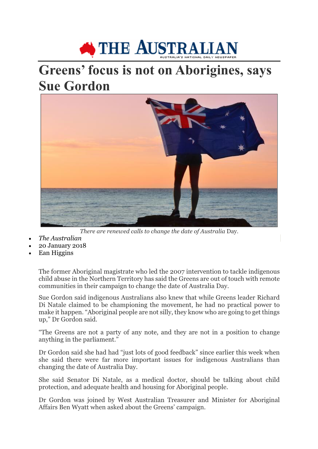 Greens' Focus Is Not on Aborigines, Says Sue Gordon