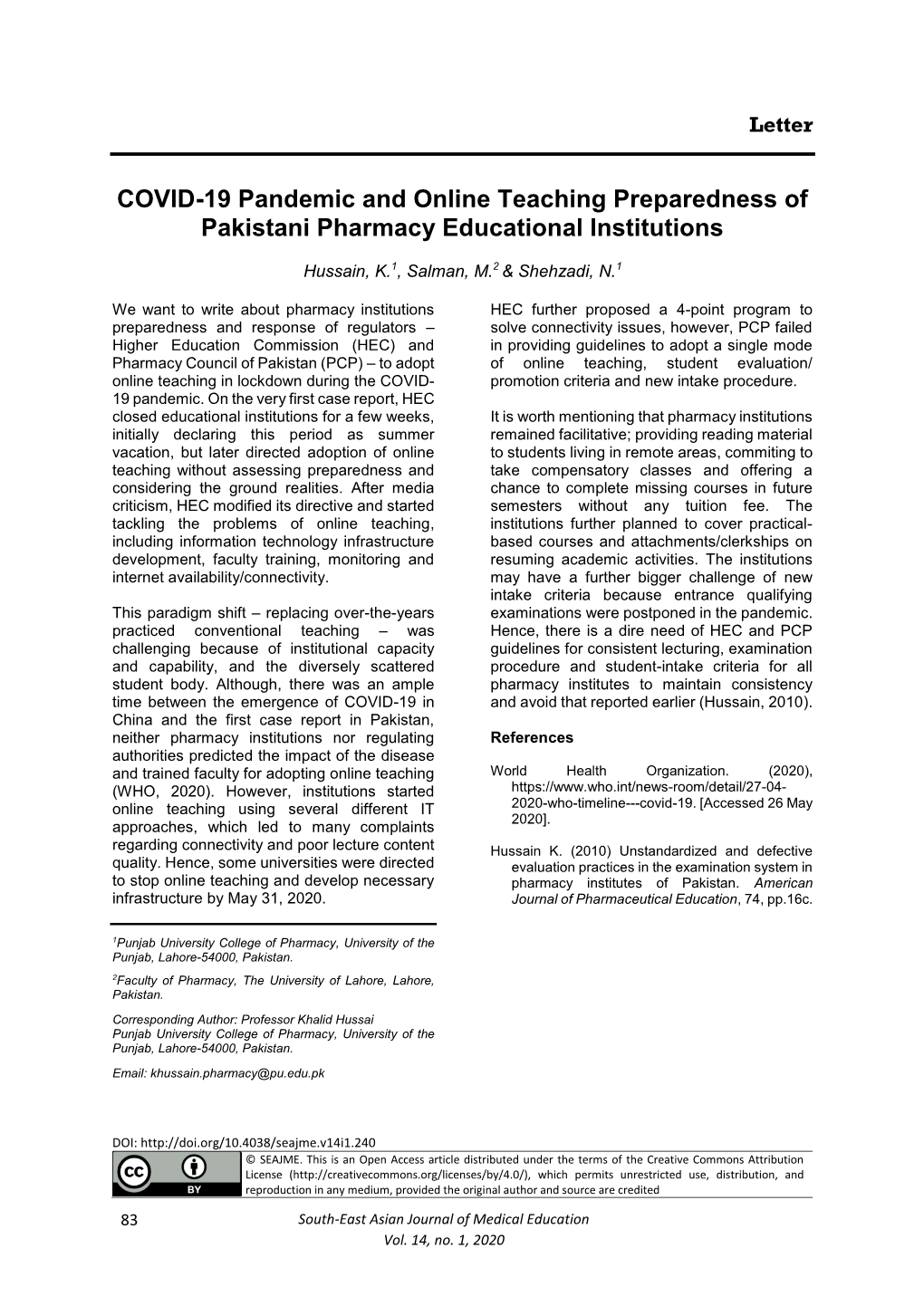 COVID-19 Pandemic and Online Teaching Preparedness of Pakistani Pharmacy Educational Institutions