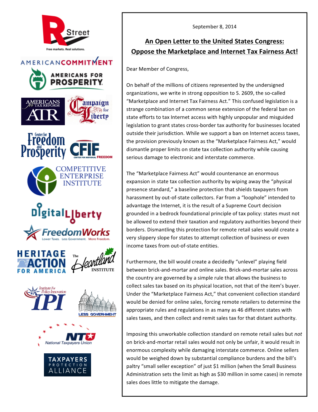 An Open Letter to the United States Congress: Oppose the Marketplace and Internet Tax Fairness Act!