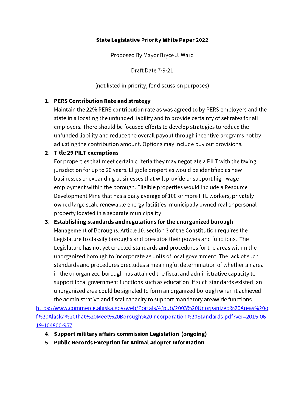 State Legislative Priority White Paper 2022 Proposed by Mayor Bryce J