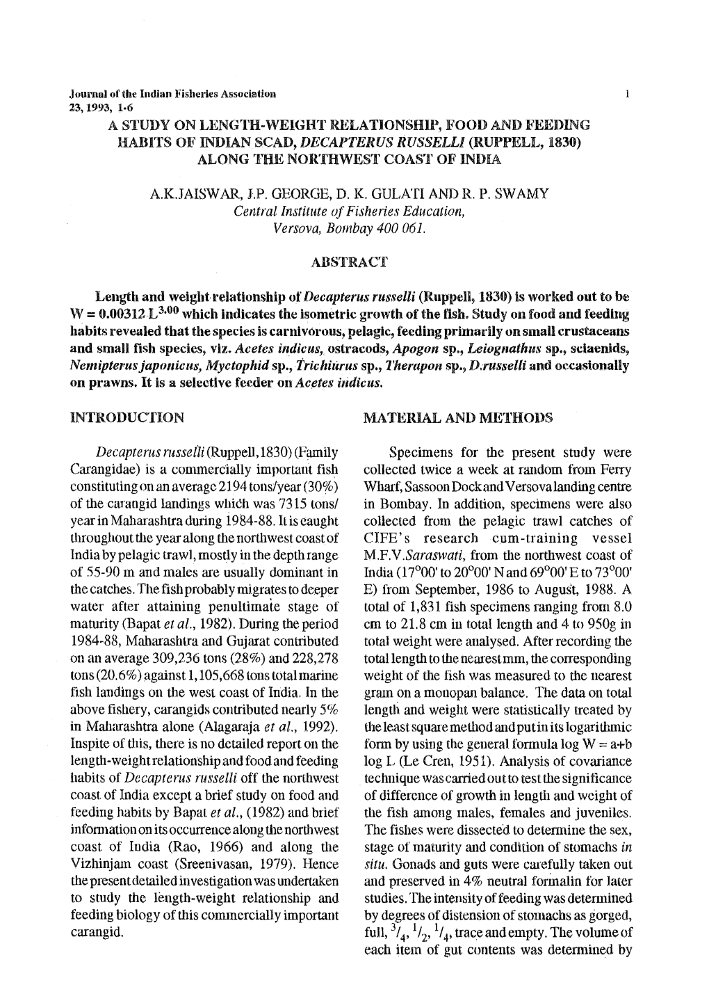 A Study on Length-Weigth Relationship, Food and Feeding Habits Of