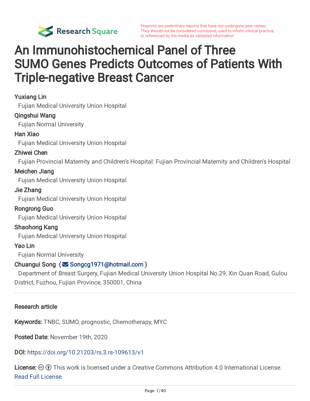 An Immunohistochemical Panel of Three SUMO Genes Predicts Outcomes of Patients with Triple-Negative Breast Cancer