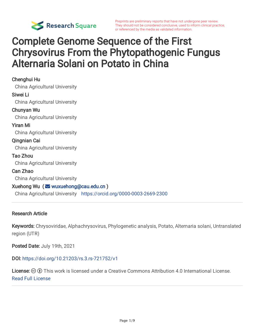 Complete Genome Sequence of the First Chrysovirus from the Phytopathogenic Fungus Alternaria Solani on Potato in China