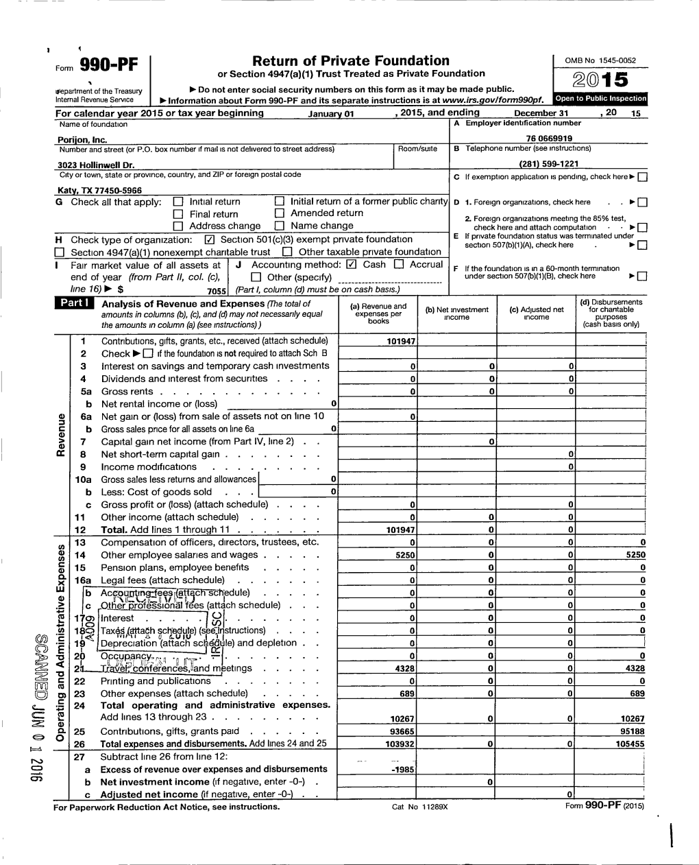 Form 990-PF Return of Private Foundation Or Section 4947(A)(1) Trust Treated As Private Foundation Form It May Be Made Public