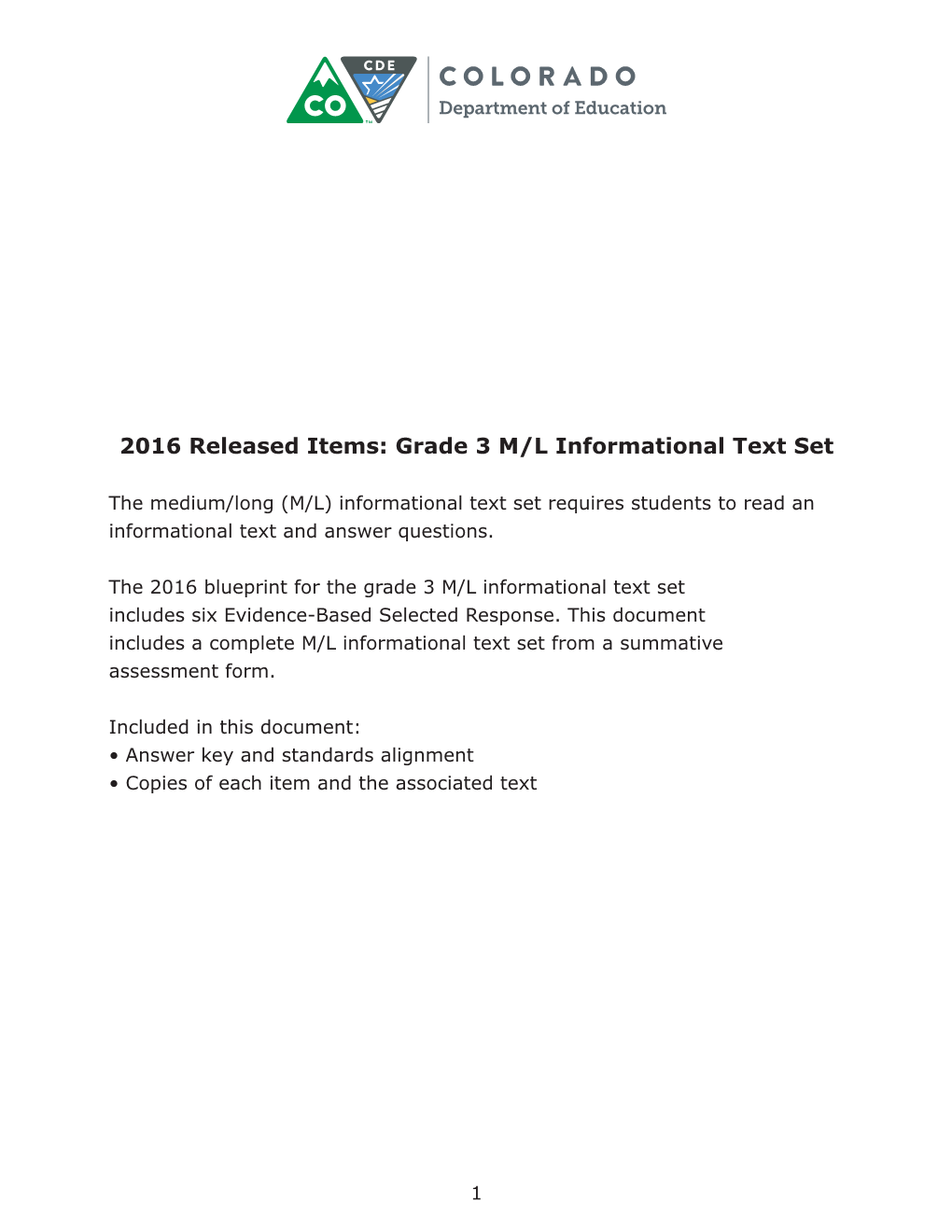 2016 Released Items: Grade 3 M/L Informational Text Set
