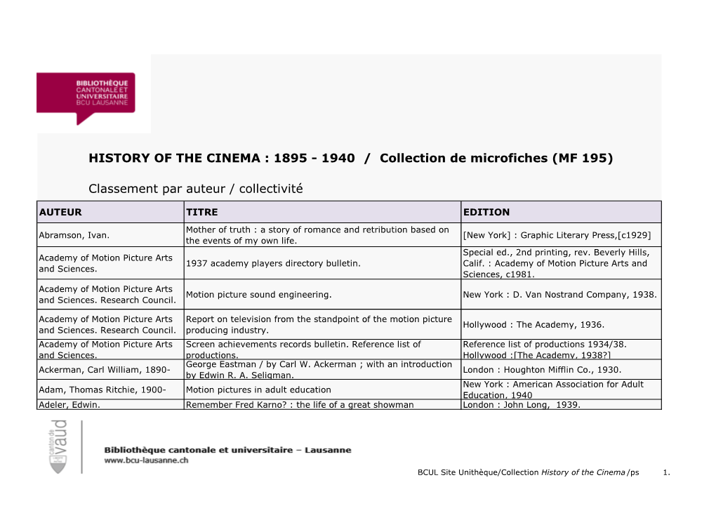 HISTORY of the CINEMA : 1895 - 1940 / Collection De Microfiches (MF 195)