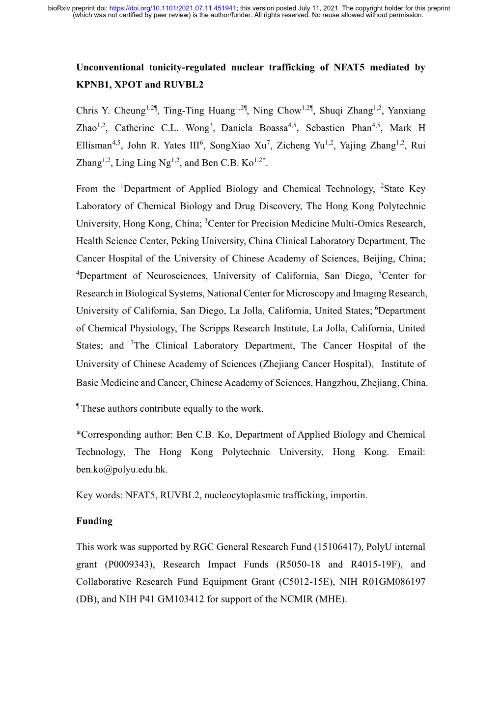 Unconventional Tonicity-Regulated Nuclear Trafficking of NFAT5 Mediated by KPNB1, XPOT and RUVBL2