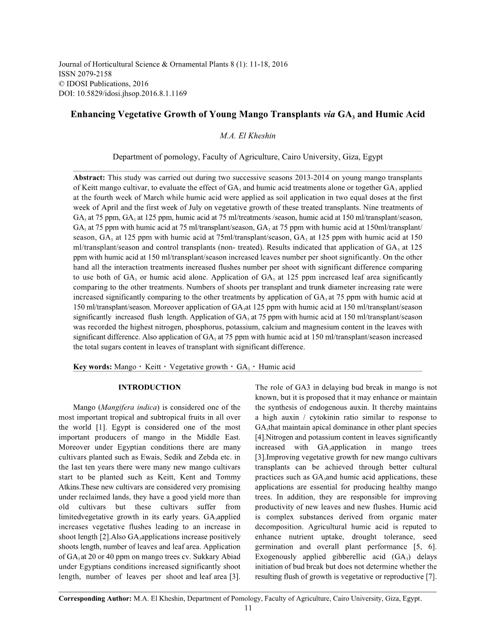 Enhancing Vegetative Growth of Young Mango Transplants Via GA3 and Humic Acid