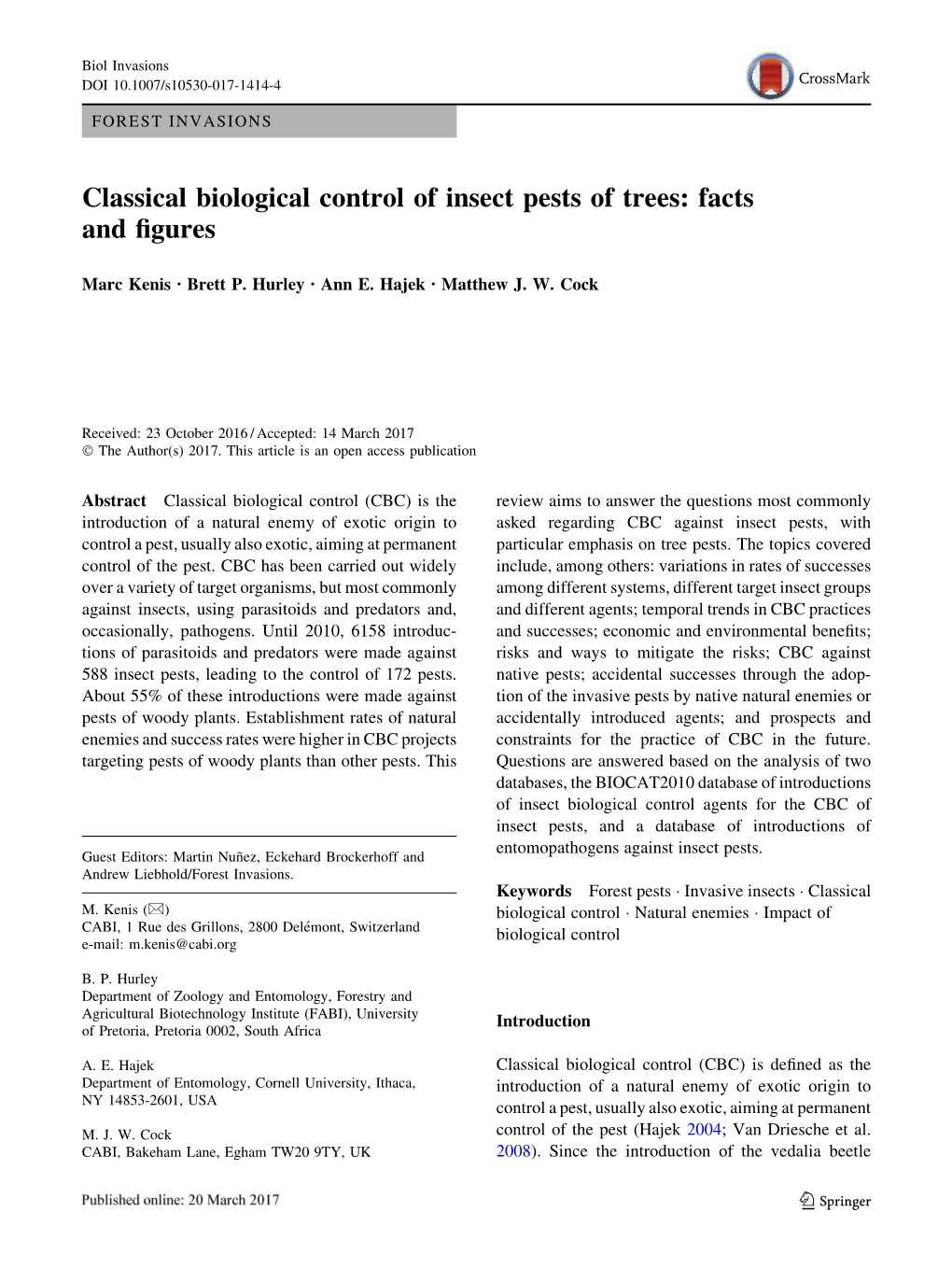 Classical Biological Control of Insect Pests of Trees: Facts and Figures