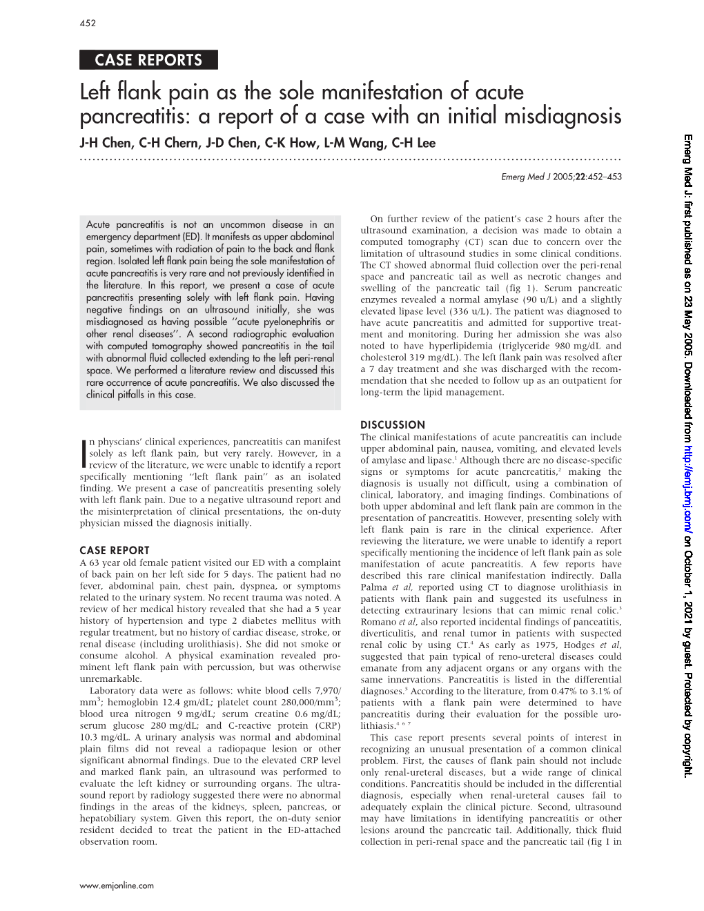 Left Flank Pain As the Sole Manifestation of Acute Pancreatitis: a Report of a Case with an Initial Misdiagnosis Emerg Med J: First Published As on 23 May 2005