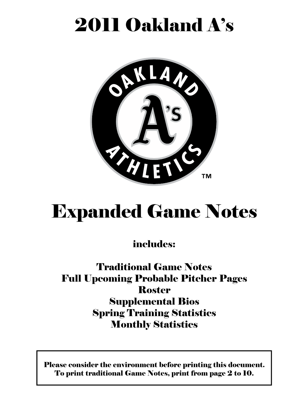 2011 Oakland A's Expanded Game Notes