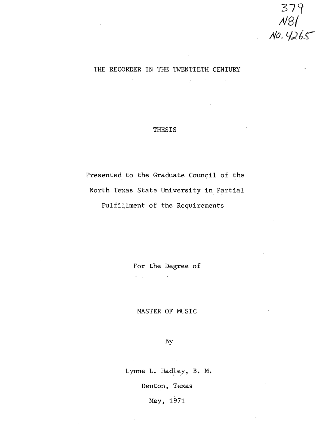 The Recorder in the Twentieth Century Thesis