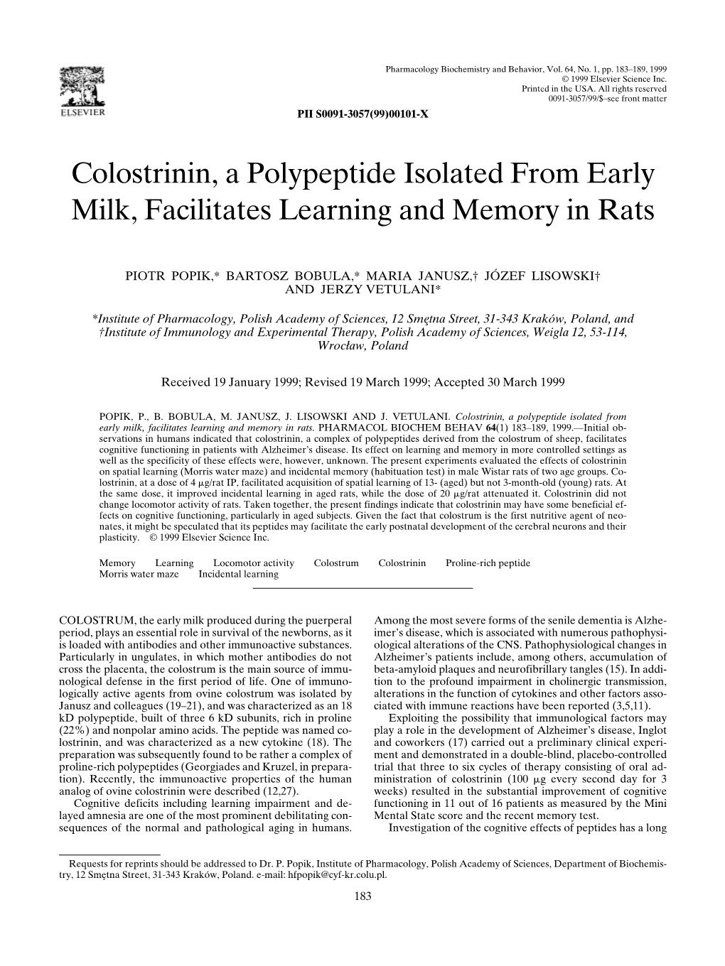 Colostrinin, a Polypeptide Isolated from Early Milk, Facilitates Learning and Memory in Rats