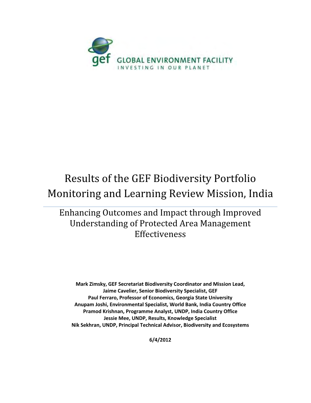 Results of the GEF Biodiversity Portfolio Monitoring and Learning