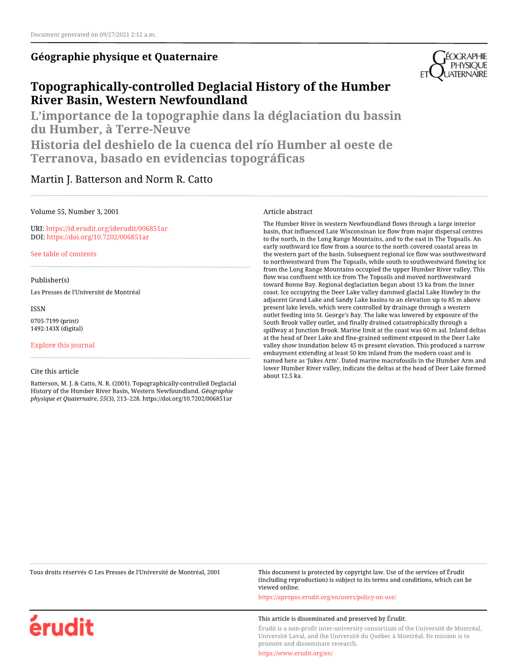 Topographically-Controlled Deglacial History of the Humber River Basin