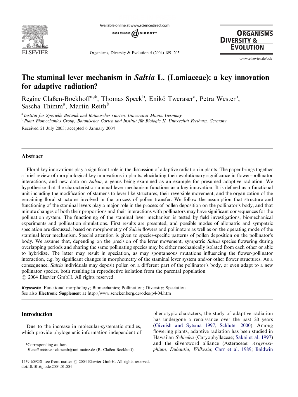 (Lamiaceae): a Key Innovation for Adaptive Radiation?