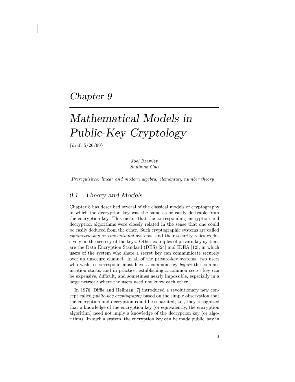 Chapter 9 Mathematical Models in Public-Key Cryptology {Draft 5/26/99}